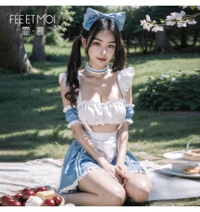 FEE ET MOI - Ruched Sweetheart Maid Outfit With Stockings (Blue - White)